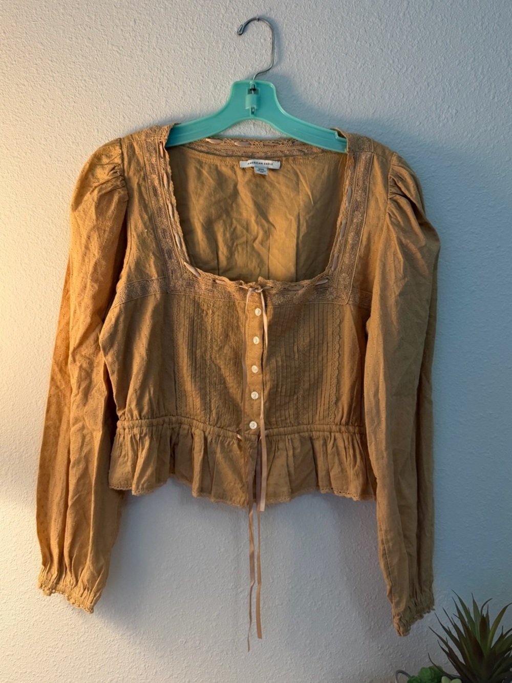 American Eagle Outfitters Mustard Button-Front Peasant Blouse